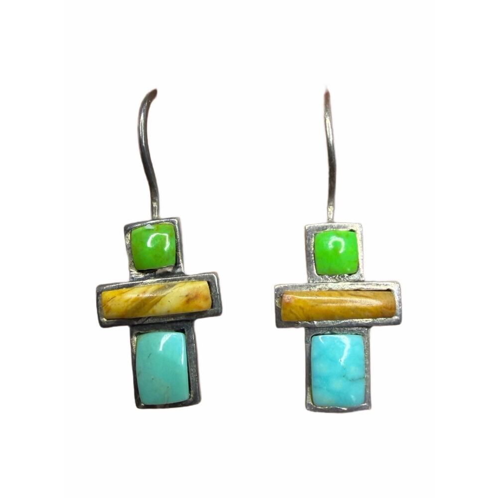 Green and Blue Turquoise Cross Earring Stamped 925 Silver Dangle Earrings